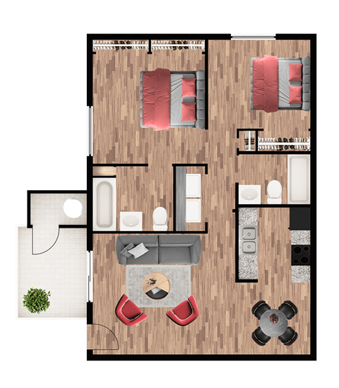A top-down view of a room with a couch, chairs, and a table.